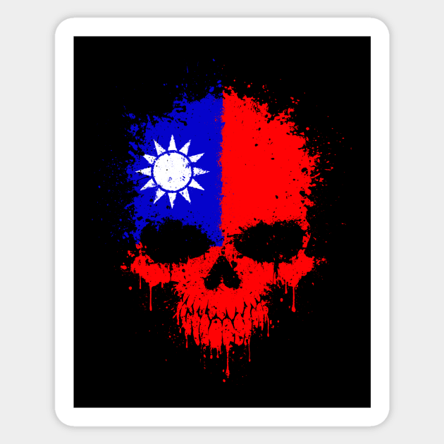 Chaotic Taiwanese Flag Splatter Skull Sticker by jeffbartels